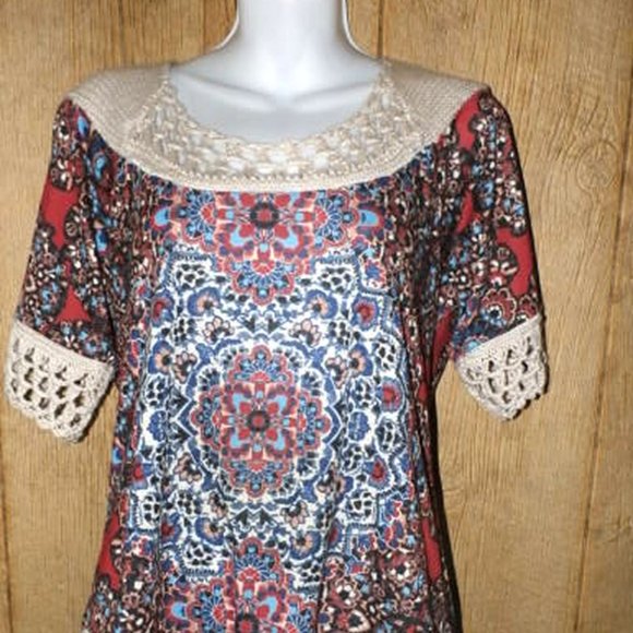 One World Live and Let Live Womens Top Boho with Crochet Trim Medium - Picture 2 of 9